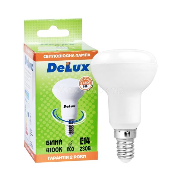 Лампа світлодіодна Delux 90011748 потужністю 6W. Типорозмір — R50 з цоколем E14, температура кольору — 4100K