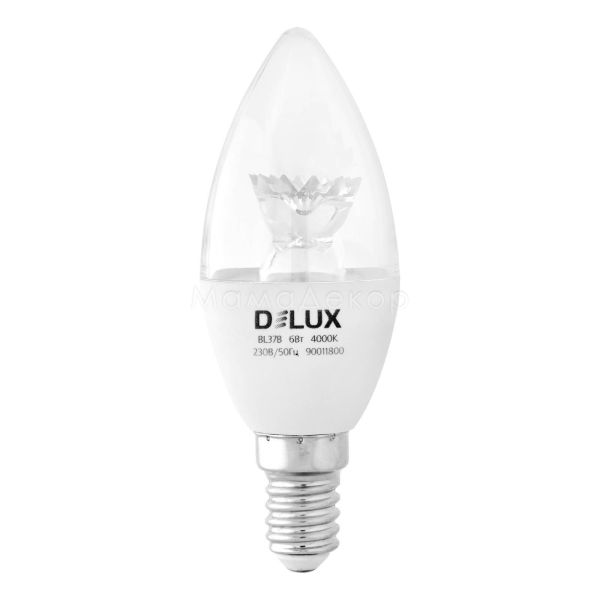 Лампа світлодіодна Delux 90011773 потужністю 6W з серії Crystal. Типорозмір — C37 з цоколем E14, температура кольору — 3000K