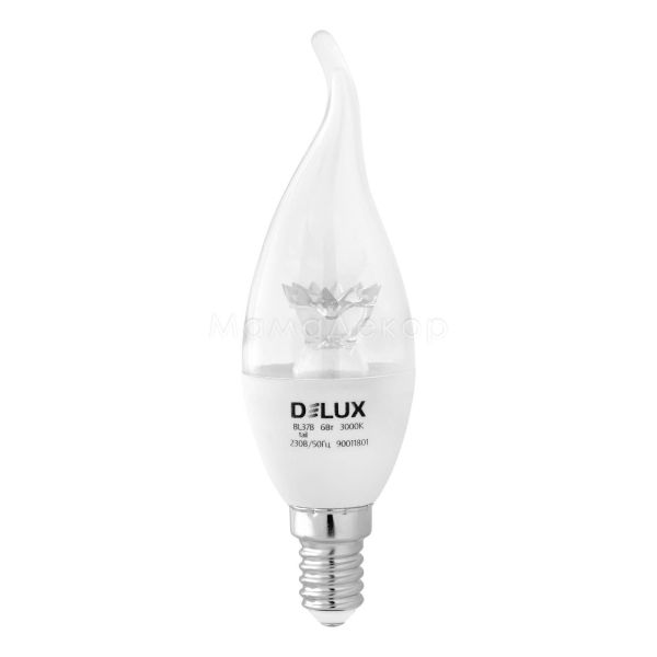 Лампа світлодіодна Delux 90011801 потужністю 6W з серії Crystal. Типорозмір — CA37 з цоколем E14, температура кольору — 3000K