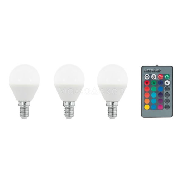 Лампа світлодіодна Eglo 10683 потужністю 4W. Типорозмір — P45 з цоколем E14, температура кольору — 3000K, RGB. У наборі 3шт.