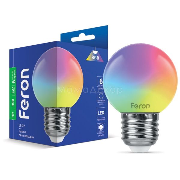 Лампа светодиодная Feron 1848 мощностью 1W. Типоразмер — G45 с цоколем E27, температура цвета — RGB