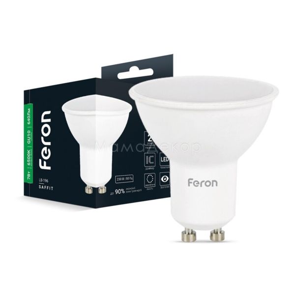 Лампа світлодіодна Feron 1874 потужністю 7W. Типорозмір — MR-тип з цоколем GU10, температура кольору — 6500К