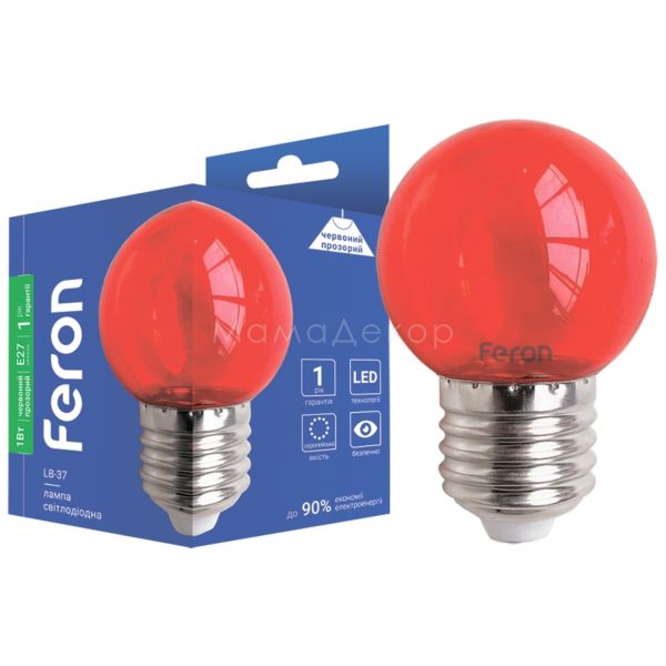 Лампа светодиодная Feron 1895 мощностью 1W. Типоразмер — G45 с цоколем E27, температура цвета — Red