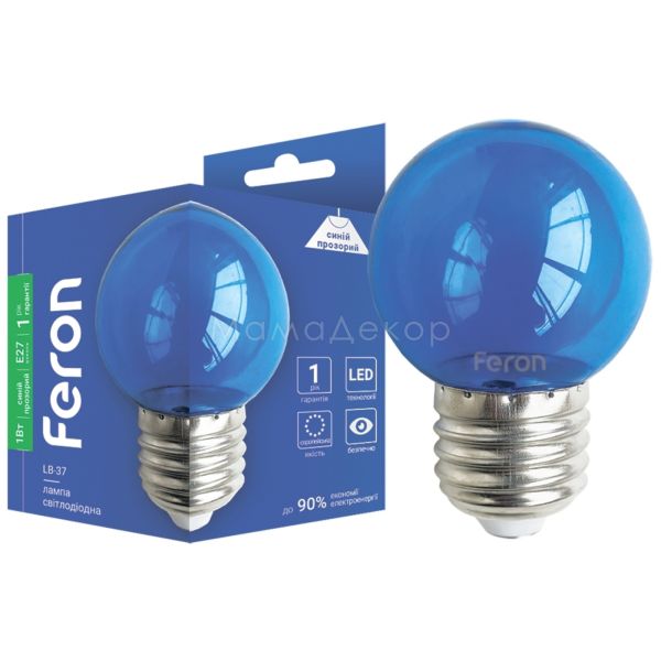 Лампа светодиодная Feron 1897 мощностью 1W. Типоразмер — G45 с цоколем E27, температура цвета — Blue