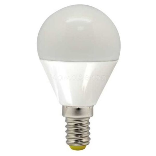 Лампа світлодіодна Feron 25555 потужністю 5W з серії Алюпласт. Типорозмір — P45 з цоколем E14, температура кольору — 2700K