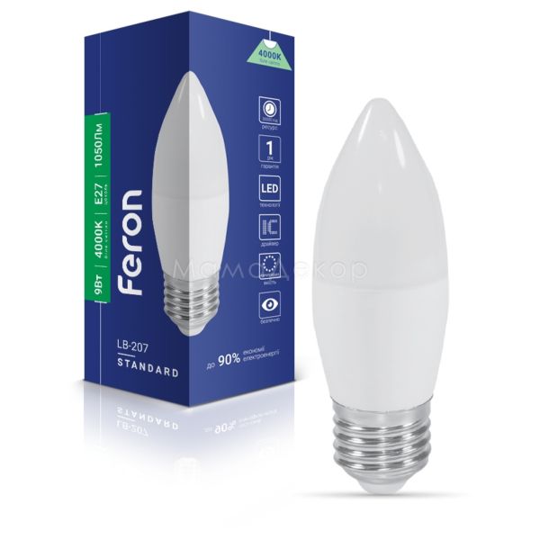 Лампа светодиодная Feron 40183 мощностью 9W. Типоразмер — C37 с цоколем E27, температура цвета — 4000K