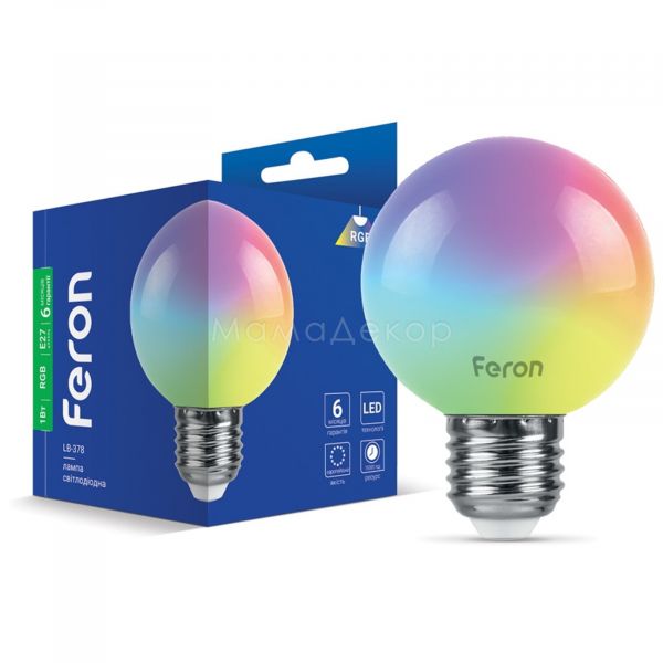 Лампа світлодіодна Feron 40217 потужністю 1W. Типорозмір — G60 з цоколем Е27, температура кольору — RGB