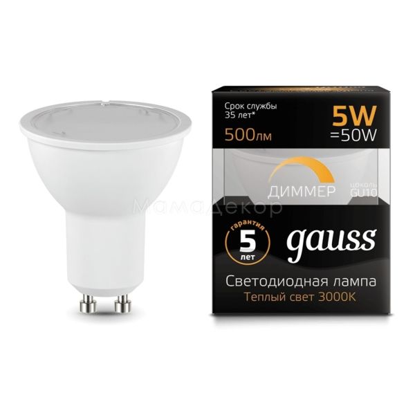 Лампа светодиодная  диммируемая Gauss 101506105-D мощностью 5W. Типоразмер — MR16 с цоколем GU10, температура цвета — 3000K