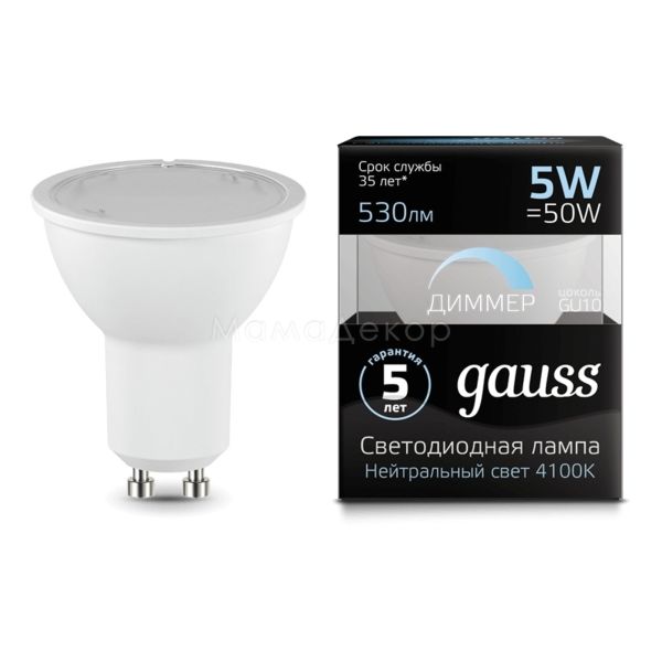 Лампа светодиодная  диммируемая Gauss 101506205-D мощностью 5W. Типоразмер — MR16 с цоколем GU10, температура цвета — 4100