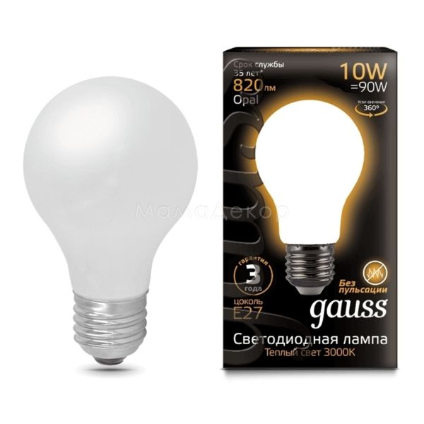 Лампа світлодіодна Gauss 102202110 потужністю 10W. Типорозмір — A60 з цоколем E27, температура кольору — 3000K