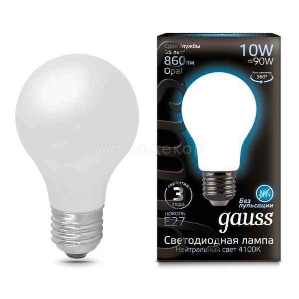 Лампа светодиодная Gauss 102202210 мощностью 10W. Типоразмер — A60 с цоколем E27, температура цвета — 4100K