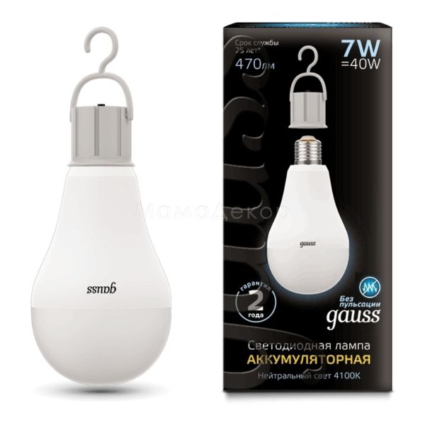Лампа аккумуляторная Gauss 102402207 мощностью 7W. Типоразмер — A60 с цоколем E27, температура цвета — 4100K
