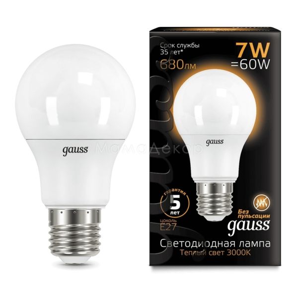 Лампа світлодіодна Gauss 102502107 потужністю 7W з серії Black. Типорозмір — A60 з цоколем E27, температура кольору — 3000K