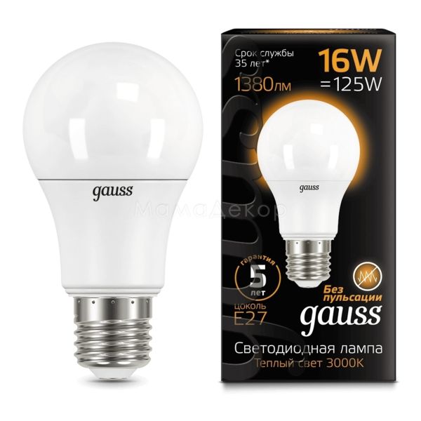 Лампа світлодіодна Gauss 102502116 потужністю 16W. Типорозмір — A60 з цоколем E27, температура кольору — 3000K
