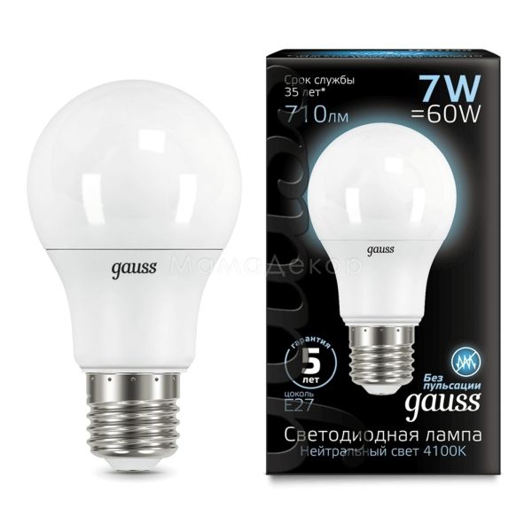 Лампа світлодіодна Gauss 102502207 потужністю 7W з серії Black. Типорозмір — A60 з цоколем E27, температура кольору — 4100K