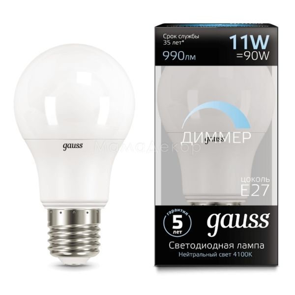 Лампа светодиодная  диммируемая Gauss 102502211-D мощностью 11W. Типоразмер — A60 с цоколем E27, температура цвета — 4100K