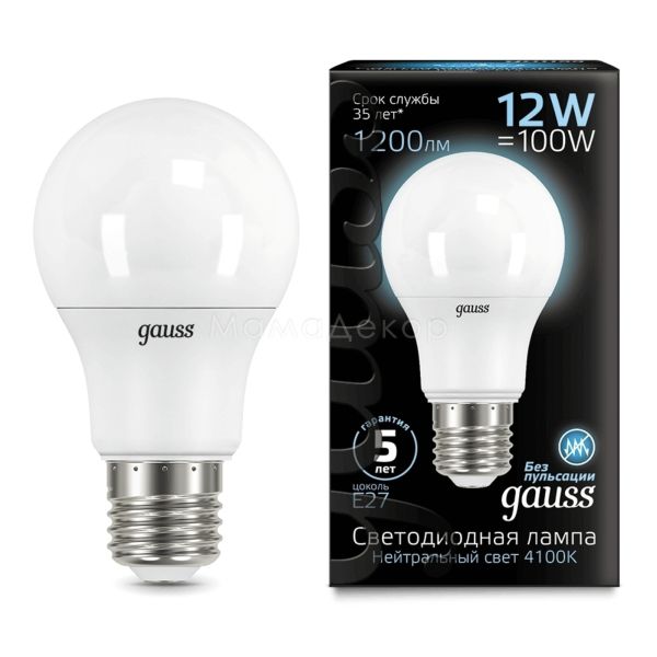 Лампа світлодіодна Gauss 102502212 потужністю 12W з серії Black. Типорозмір — A60 з цоколем E27, температура кольору — 4100K