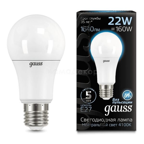 Лампа світлодіодна Gauss 102502222 потужністю 22W з серії Black. Типорозмір — A70 з цоколем E27, температура кольору — 4100K