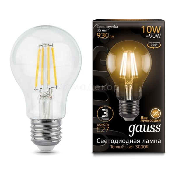 Лампа світлодіодна Gauss 102802110 потужністю 10W з серії Black. Типорозмір — A60 з цоколем E27, температура кольору — 3000K