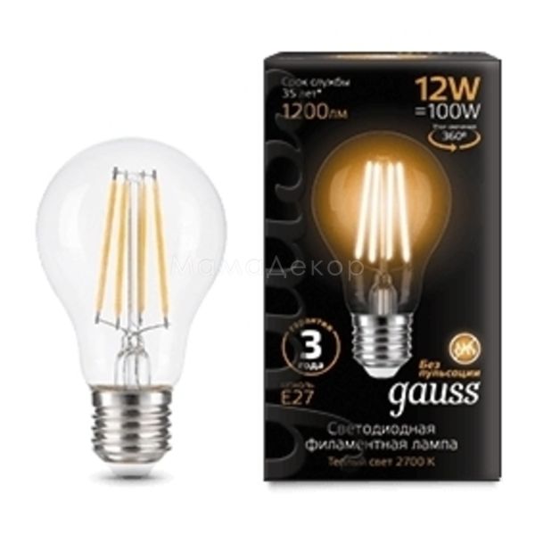 Лампа світлодіодна Gauss 102902112 потужністю 12W з серії Filament. Типорозмір — A60 з цоколем E27, температура кольору — 2700K