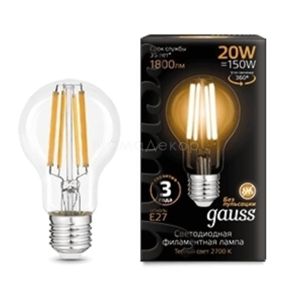Лампа світлодіодна Gauss 102902120 потужністю 20W з серії Filament. Типорозмір — A60 з цоколем E27, температура кольору — 2700K
