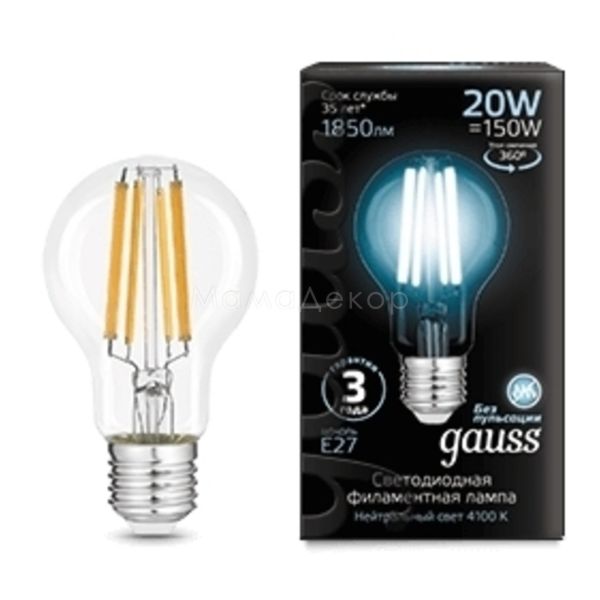 Лампа светодиодная Gauss 102902220 мощностью 20W из серии Filament. Типоразмер — A60 с цоколем E27, температура цвета — 4100K