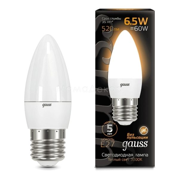 Лампа светодиодная Gauss 103102107 мощностью 6.5W из серии Black. Типоразмер — C37 с цоколем E27, температура цвета — 3000K