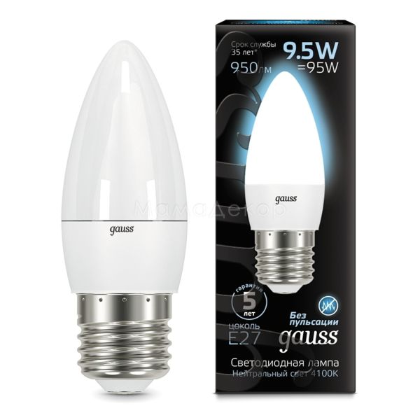 Лампа светодиодная Gauss 103102210 мощностью 9.5W. Типоразмер — C37 с цоколем E27, температура цвета — 4100K