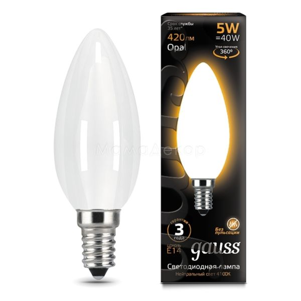 Лампа світлодіодна Gauss 103201105 потужністю 5W. Типорозмір — C35 з цоколем E14, температура кольору — 3000K