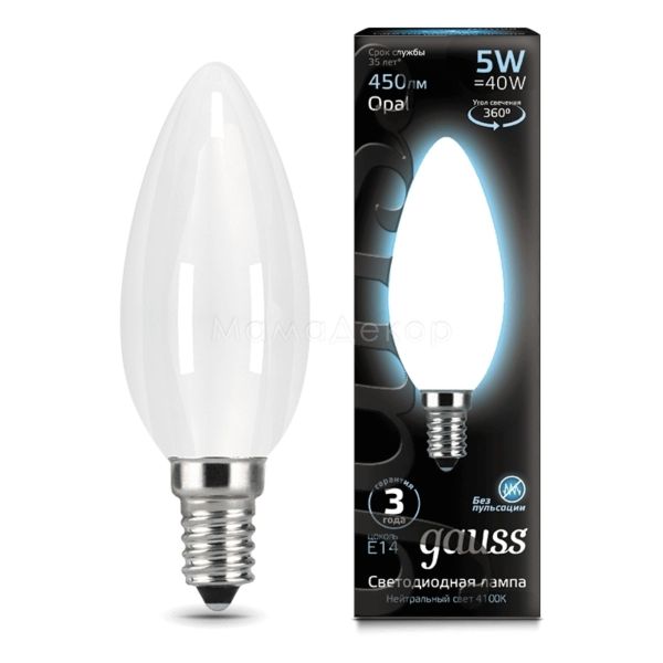 Лампа світлодіодна Gauss 103201205 потужністю 5W. Типорозмір — C35 з цоколем E14, температура кольору — 4100K