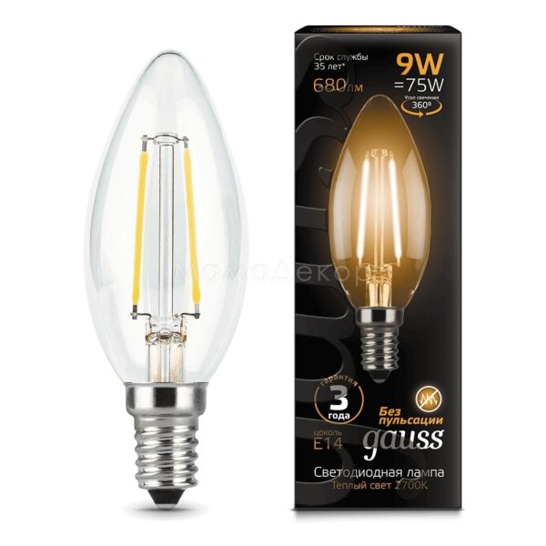 Лампа светодиодная Gauss 103801109 мощностью 9W из серии Filament. Типоразмер — C35 с цоколем E14, температура цвета — 2700K