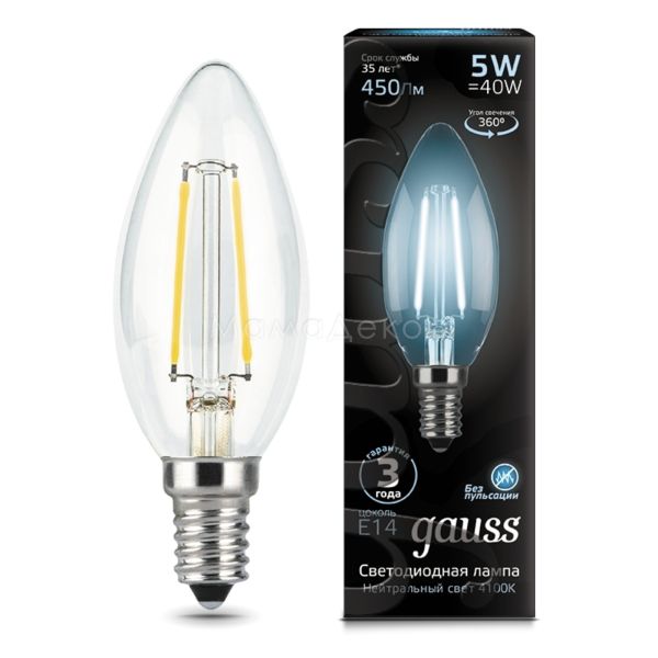 Лампа светодиодная Gauss 103801205 мощностью 5W из серии Black. Типоразмер — C35 с цоколем E14, температура цвета — 4100K