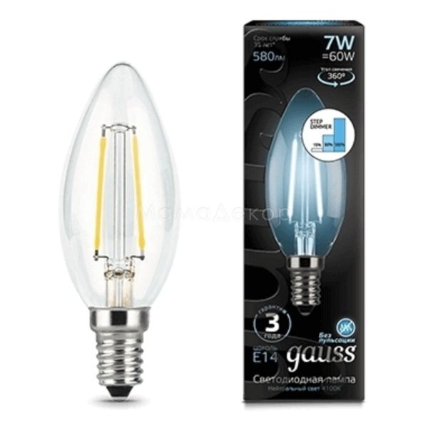 Лампа светодиодная  диммируемая Gauss 103801207-S мощностью 7W из серии Filament. Типоразмер — C35 с цоколем E14, температура цвета — 4100K