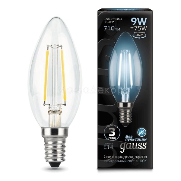 Лампа светодиодная Gauss 103801209 мощностью 9W из серии Filament. Типоразмер — C35 с цоколем E14, температура цвета — 4100K