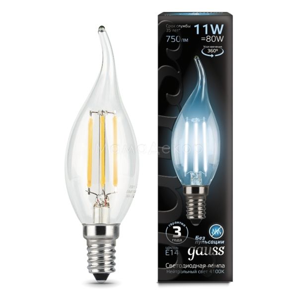 Лампа светодиодная Gauss 104801211 мощностью 11W из серии Filament. Типоразмер — CA35 с цоколем E14, температура цвета — 4100K