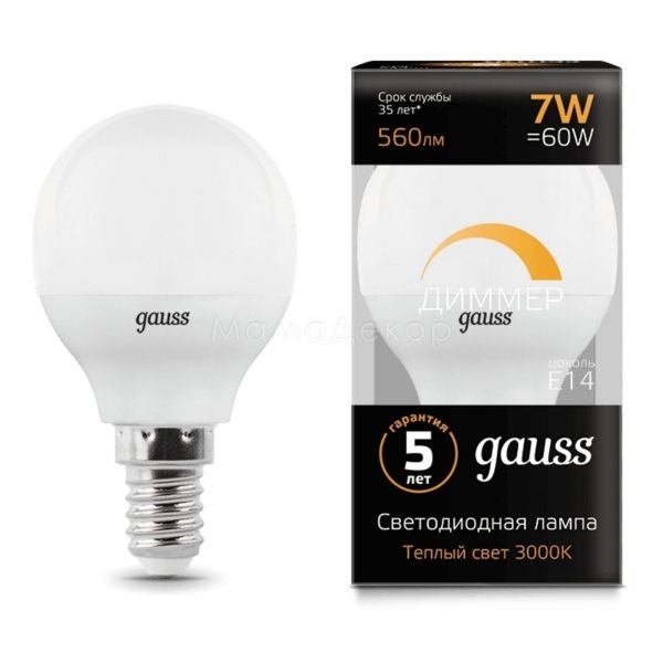 Лампа светодиодная  диммируемая Gauss 105101107-D мощностью 7W из серии Black. Типоразмер — G45 с цоколем E14, температура цвета — 3000K