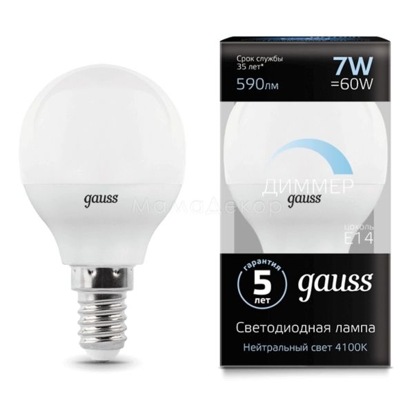 Лампа светодиодная  диммируемая Gauss 105101207-D мощностью 7W из серии Black. Типоразмер — G45 с цоколем E14, температура цвета — 4100K