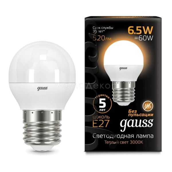 Лампа світлодіодна Gauss 105102107 потужністю 6.5W з серії Black. Типорозмір — G45 з цоколем E27, температура кольору — 3000K