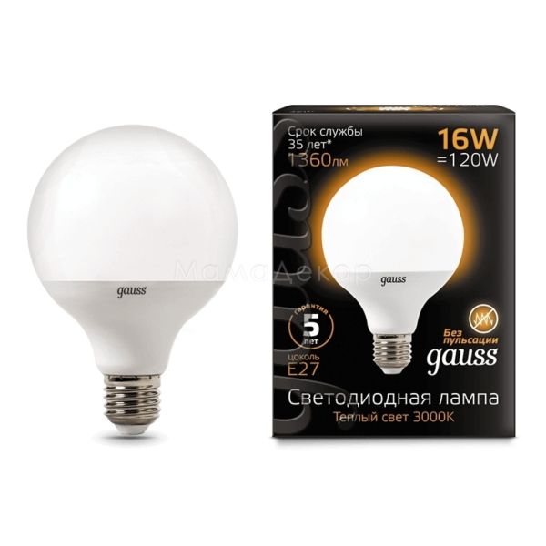 Лампа светодиодная Gauss 105102116 мощностью 16W из серии Black. Типоразмер — G95 с цоколем E27, температура цвета — 3000K