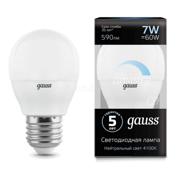 Лампа светодиодная  диммируемая Gauss 105102207-D мощностью 7W. Типоразмер — G45 с цоколем E27, температура цвета — 4100K