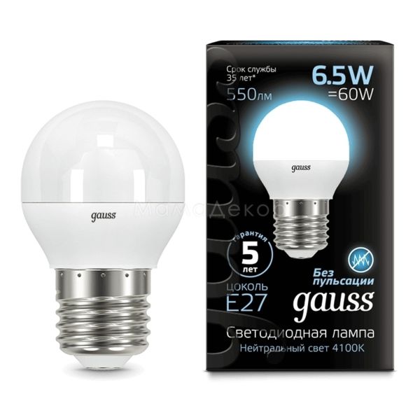 Лампа світлодіодна Gauss 105102207 потужністю 6.5W з серії Black. Типорозмір — G45 з цоколем E27, температура кольору — 4100K
