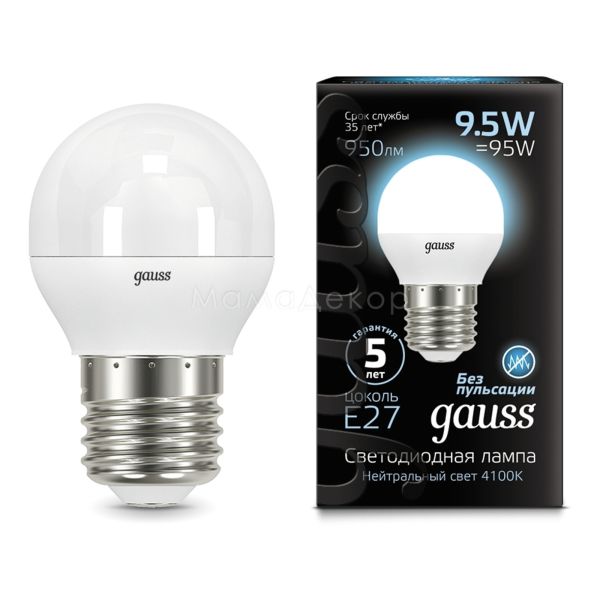 Лампа світлодіодна Gauss 105102210 потужністю 9.5W з серії Black. Типорозмір — G45 з цоколем E27, температура кольору — 4100K