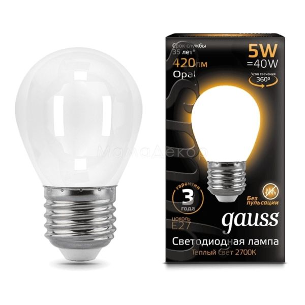 Лампа світлодіодна Gauss 105202105 потужністю 5W. Типорозмір — G45 з цоколем E27, температура кольору — 2700K