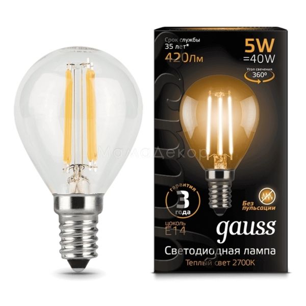 Лампа світлодіодна Gauss 105801105 потужністю 5W з серії Black. Типорозмір — G45 з цоколем E14, температура кольору — 2700K
