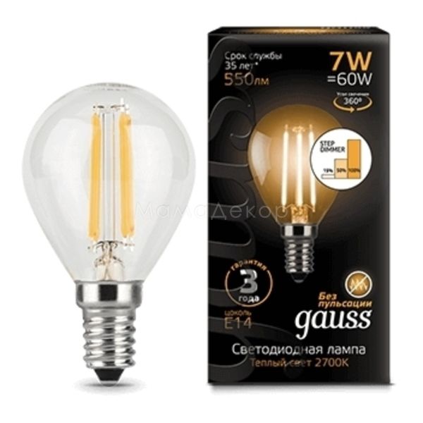 Лампа светодиодная  диммируемая Gauss 105801107-S мощностью 7W. Типоразмер — G45 с цоколем E14, температура цвета — 2700K