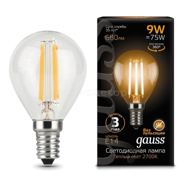 Лампа світлодіодна Gauss 105801109 потужністю 9W з серії Black. Типорозмір — G45 з цоколем E14, температура кольору — 2700K