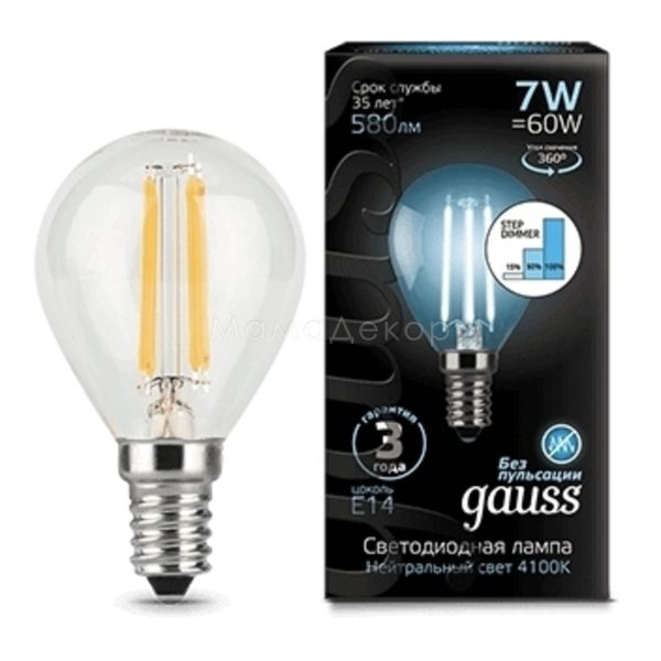 Лампа світлодіодна  сумісна з димером Gauss 105801207-S потужністю 7W з серії Filament. Типорозмір — G45 з цоколем E14, температура кольору — 4100K