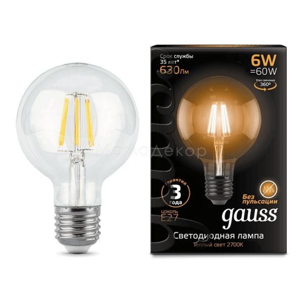 Лампа світлодіодна Gauss 105802106 потужністю 6W з серії Black. Типорозмір — G95 з цоколем E27, температура кольору — 2700K