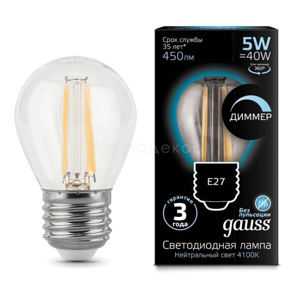 Лампа светодиодная  диммируемая Gauss 105802205-D мощностью 5W из серии Black. Типоразмер — G45 с цоколем E27, температура цвета — 4100K