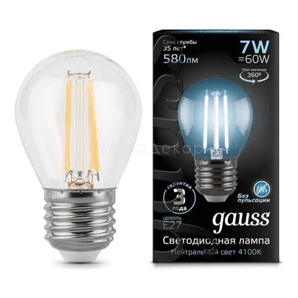 Лампа світлодіодна Gauss 105802207 потужністю 7W з серії Black. Типорозмір — G45 з цоколем E27, температура кольору — 4100K